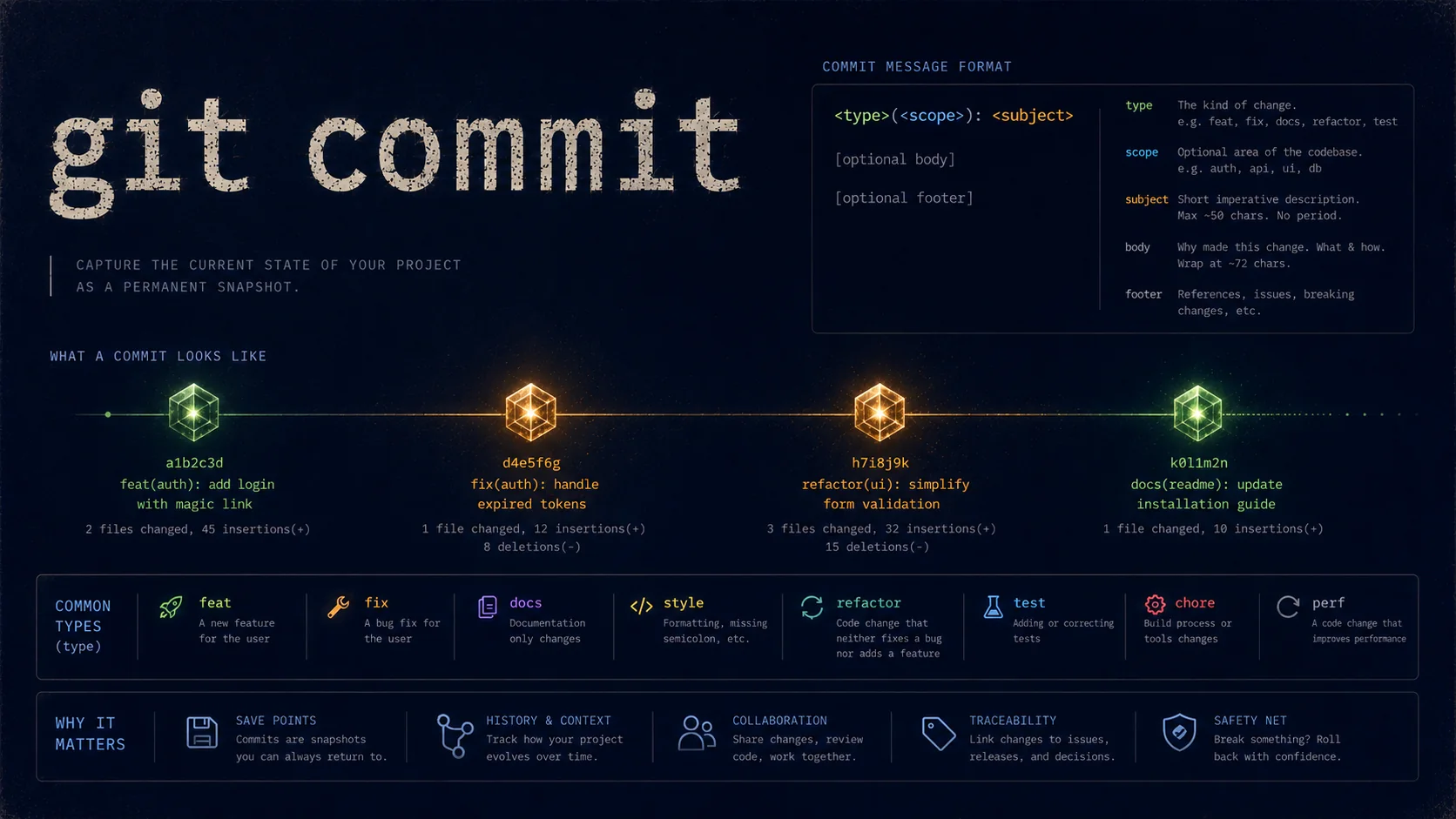 git commit — each save point frozen as a checkpoint on the timeline