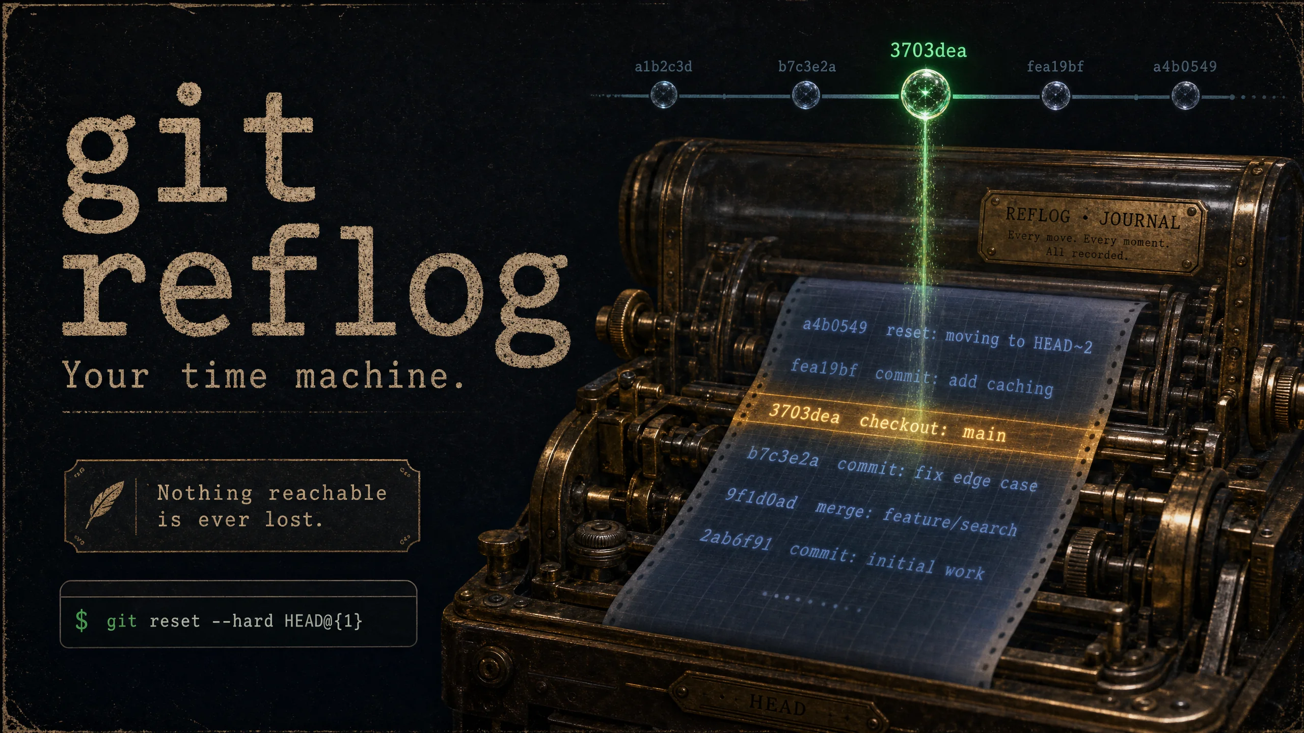 git reflog — a journal of every HEAD movement that lets you recover lost commits