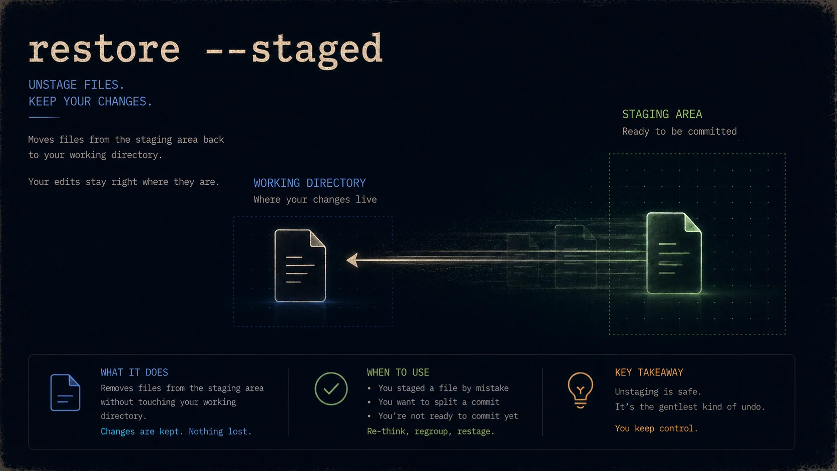 git restore --staged — move files out of the staging area without losing your edits