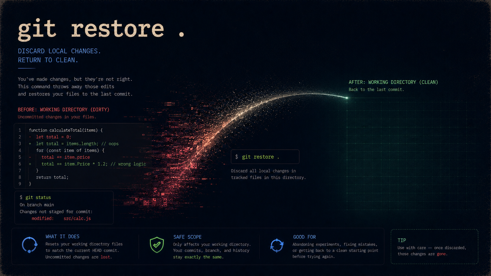 git restore . — discard local changes and return to a clean working directory