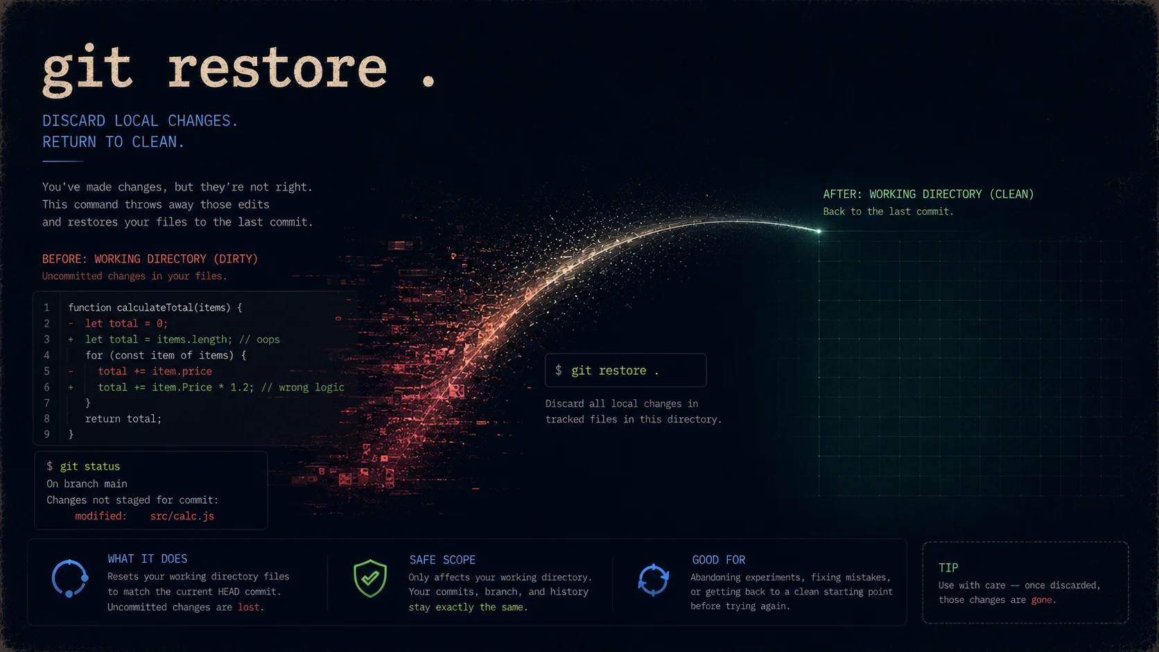 git restore . — discard local changes and return to a clean working directory