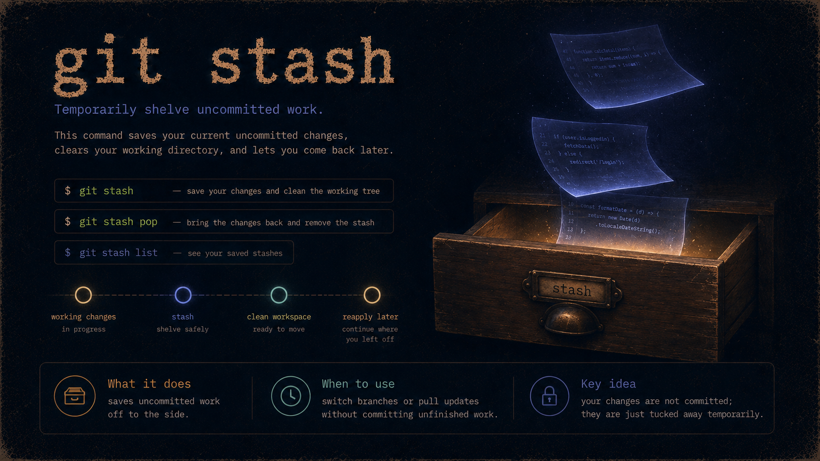 git stash — shelve uncommitted work and switch branches without losing progress