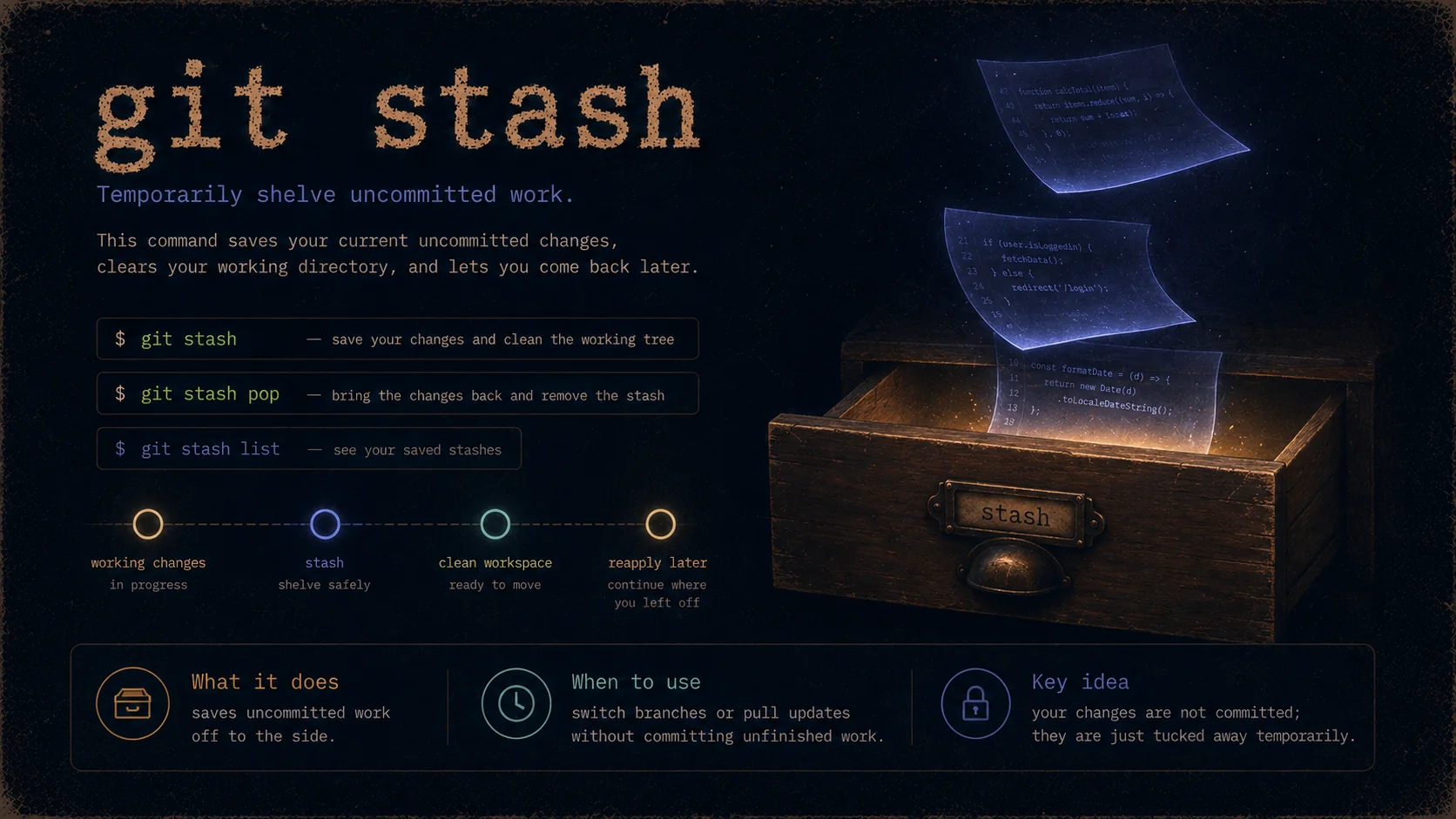 git stash — shelve uncommitted work and switch branches without losing progress