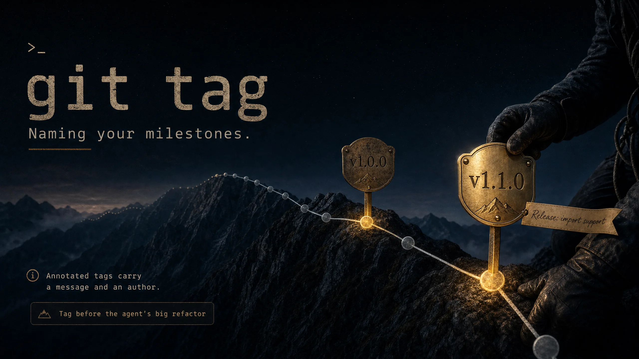 git tag — permanent named labels marking release commits in history