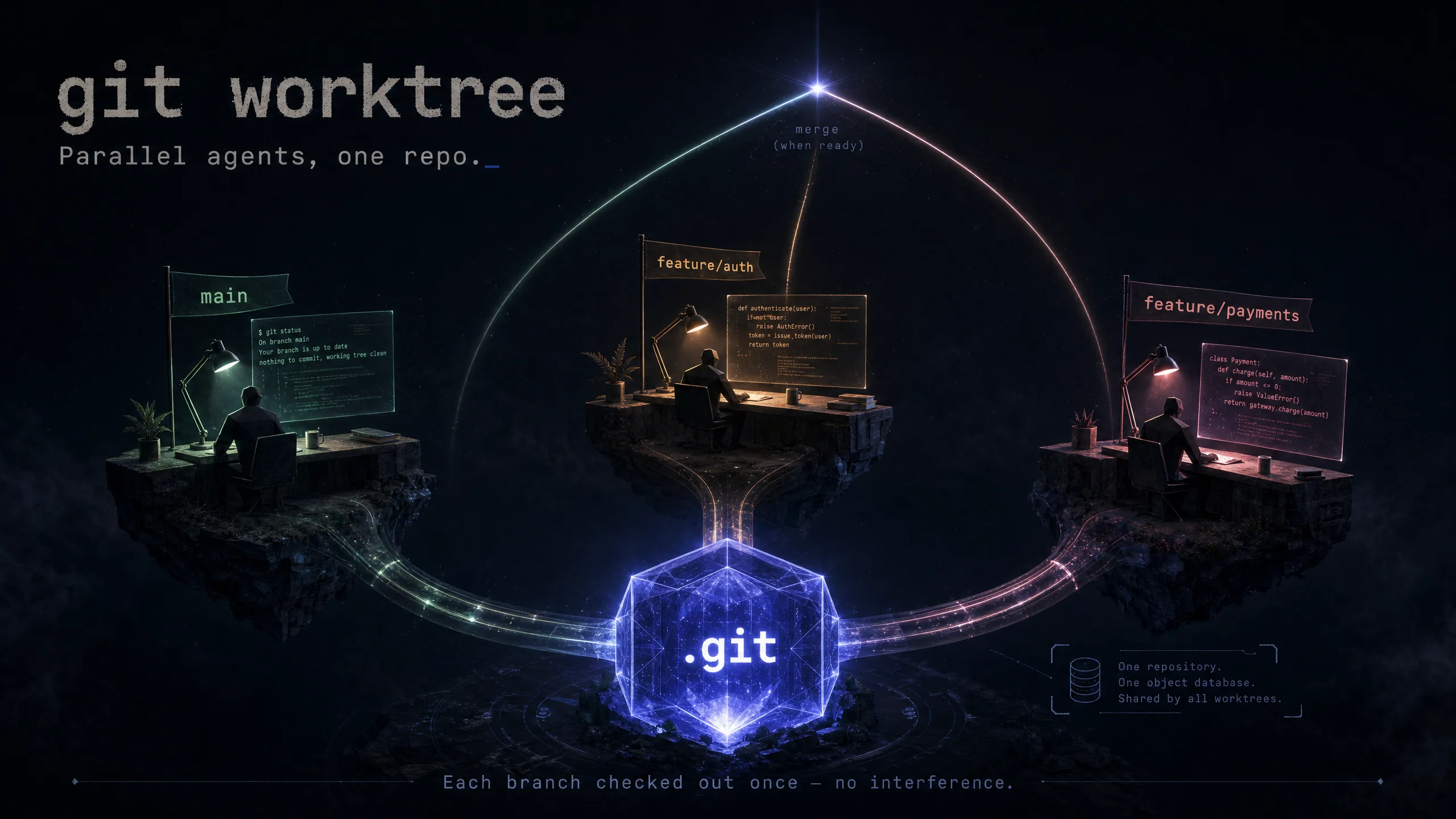 Git worktrees — one repository powering multiple working directories, each with its own branch and AI agent