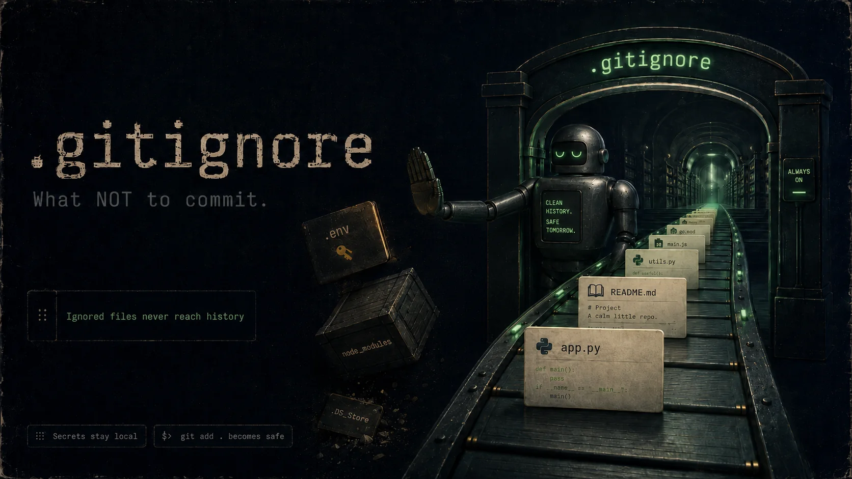 .gitignore — a gatekeeper filtering secrets and junk files out of the repository