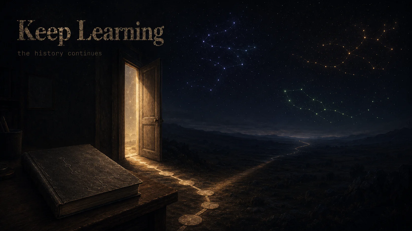 Keep learning — a doorway opening onto a constellation of branching paths