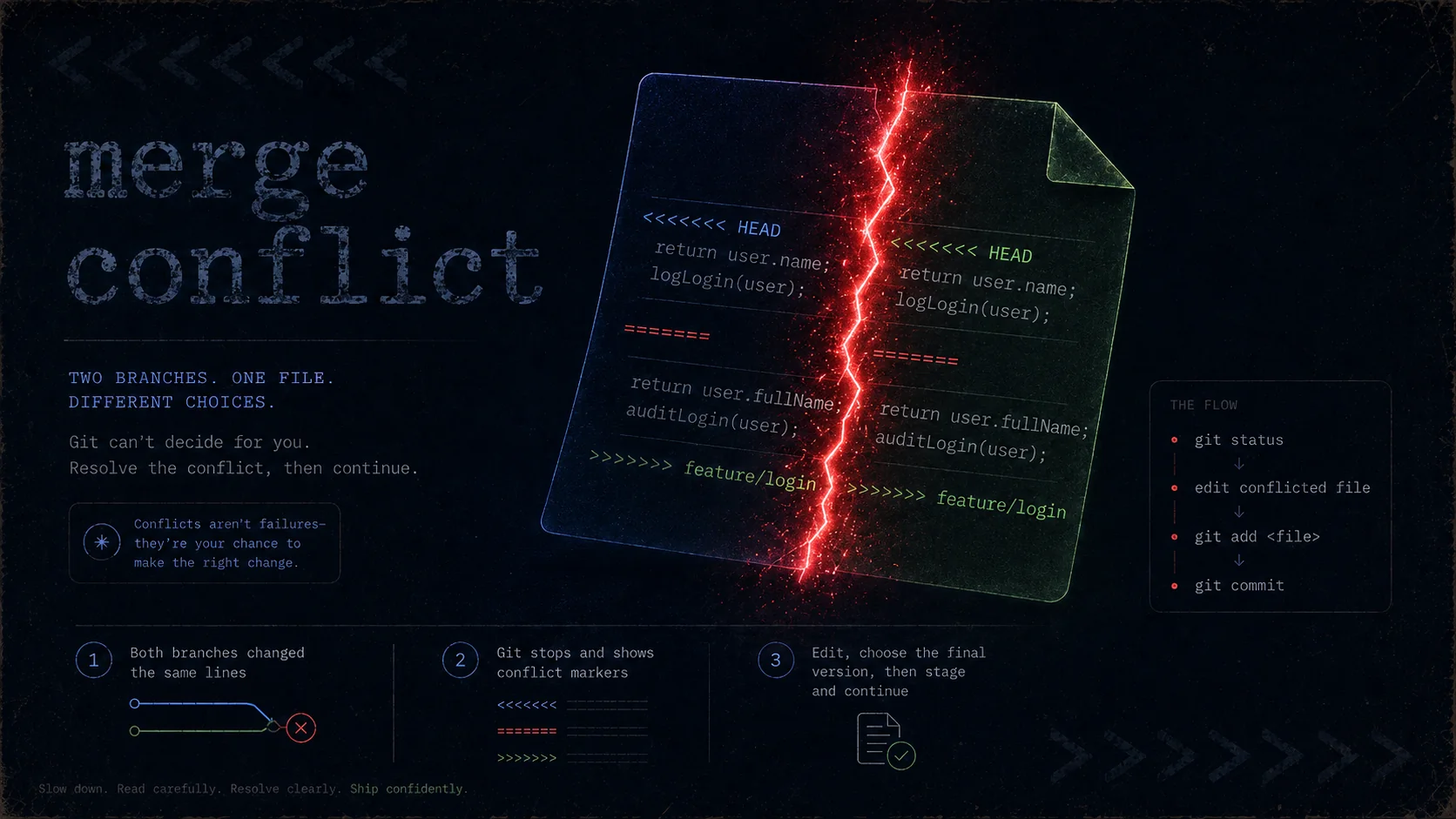 merge conflict — two edits collide and Git needs you to choose the resolution