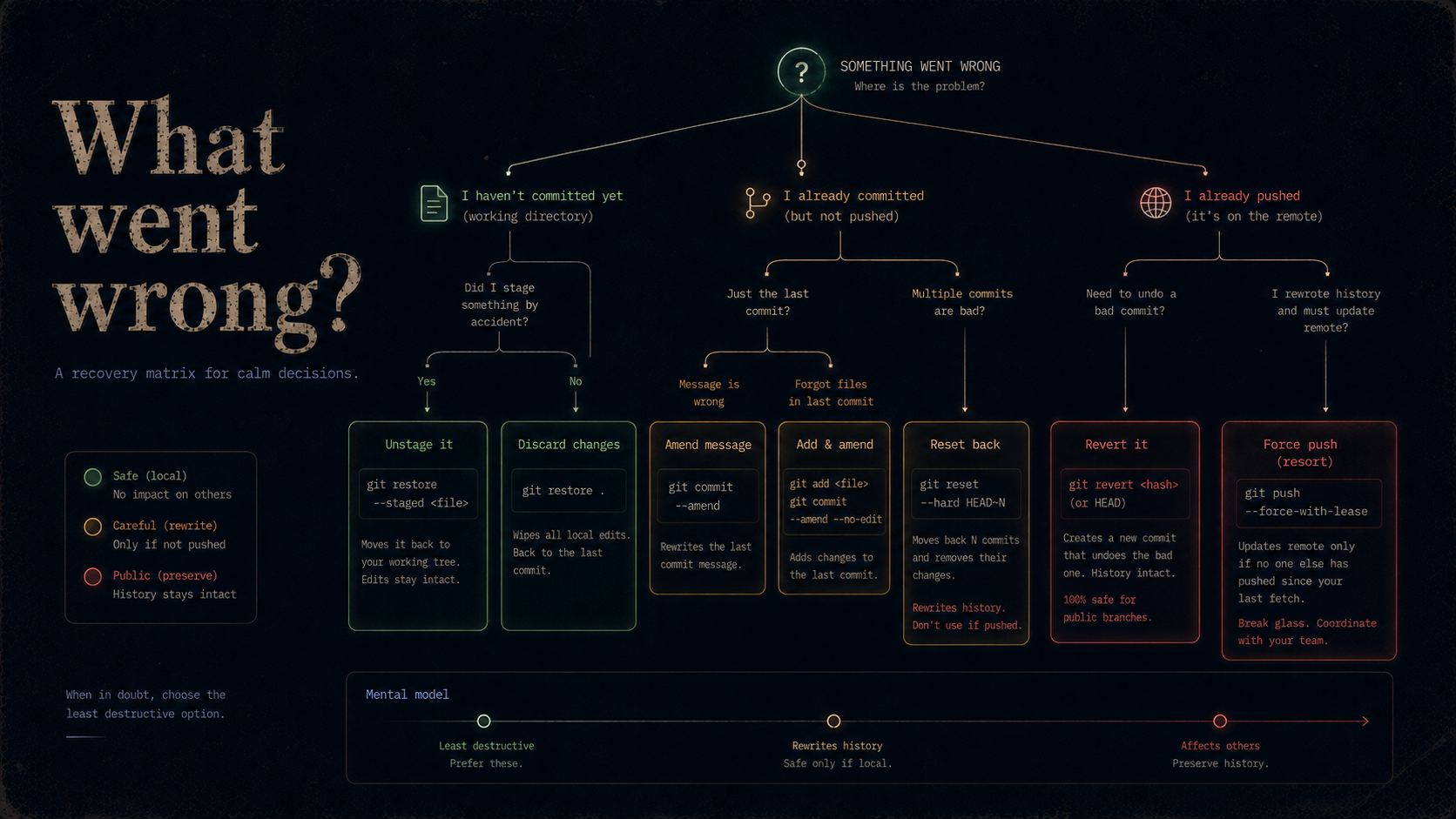 Recovery Matrix — match what went wrong to the least destructive Git undo command