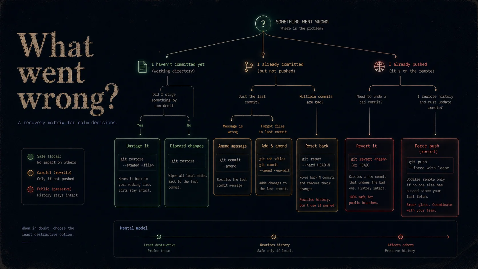 Recovery Matrix — match what went wrong to the least destructive Git undo command