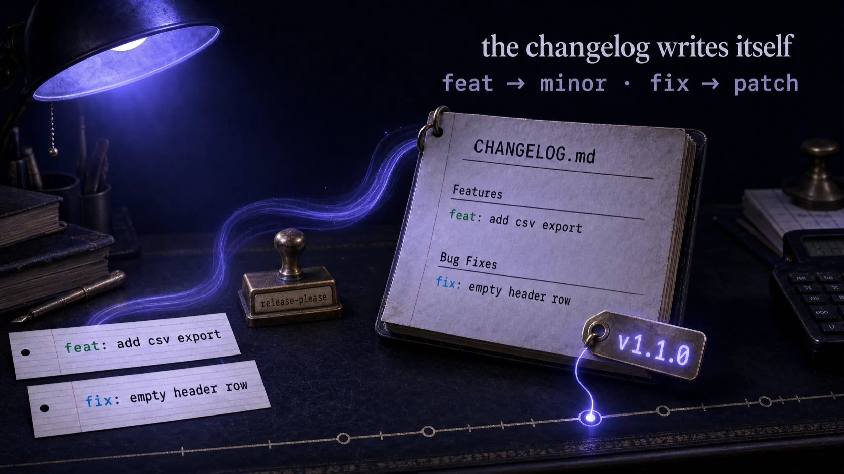 Release autopilot — conventional commits feeding a changelog, a version bump, and a tagged release