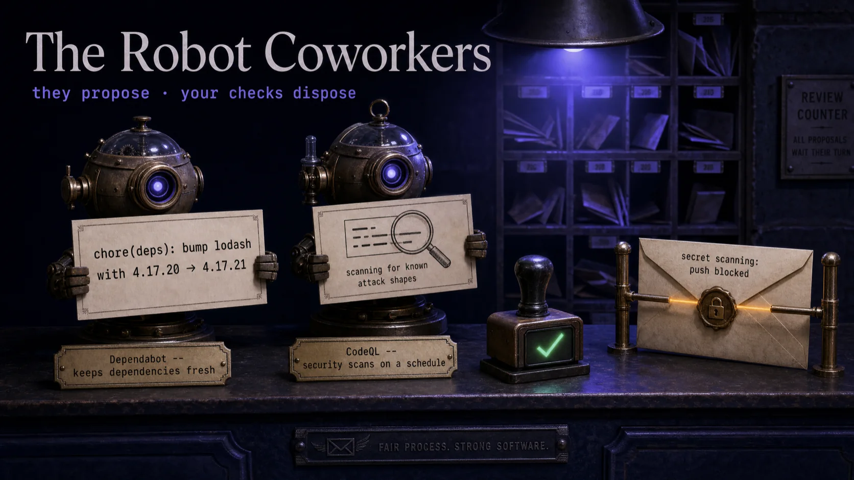 Robot coworkers — bots opening dependency and security PRs that flow through the same CI gate