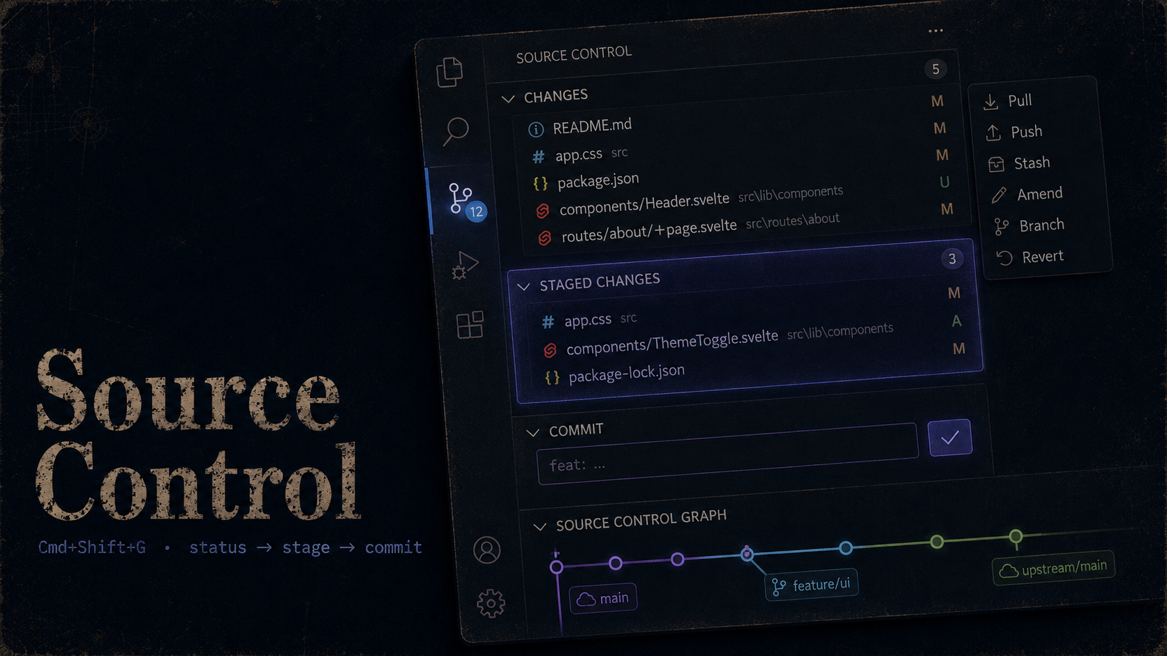 Source Control view — Changes, Staged Changes, commit box, and the branch graph in VS Code