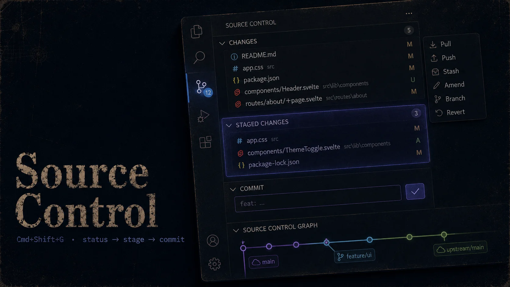 Source Control view — Changes, Staged Changes, commit box, and the branch graph in VS Code
