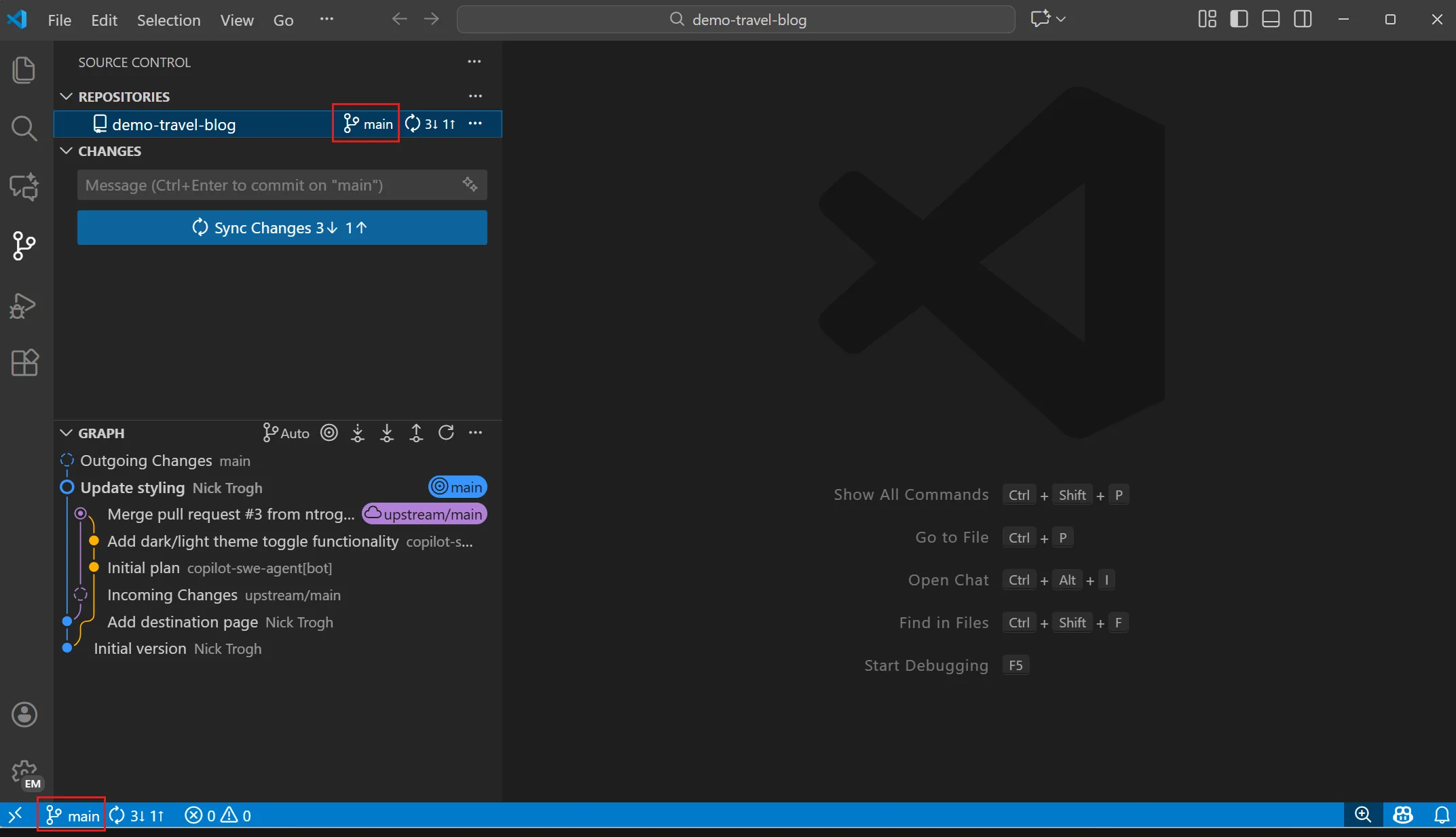 VS Code status bar showing current branch name and the branches dropdown