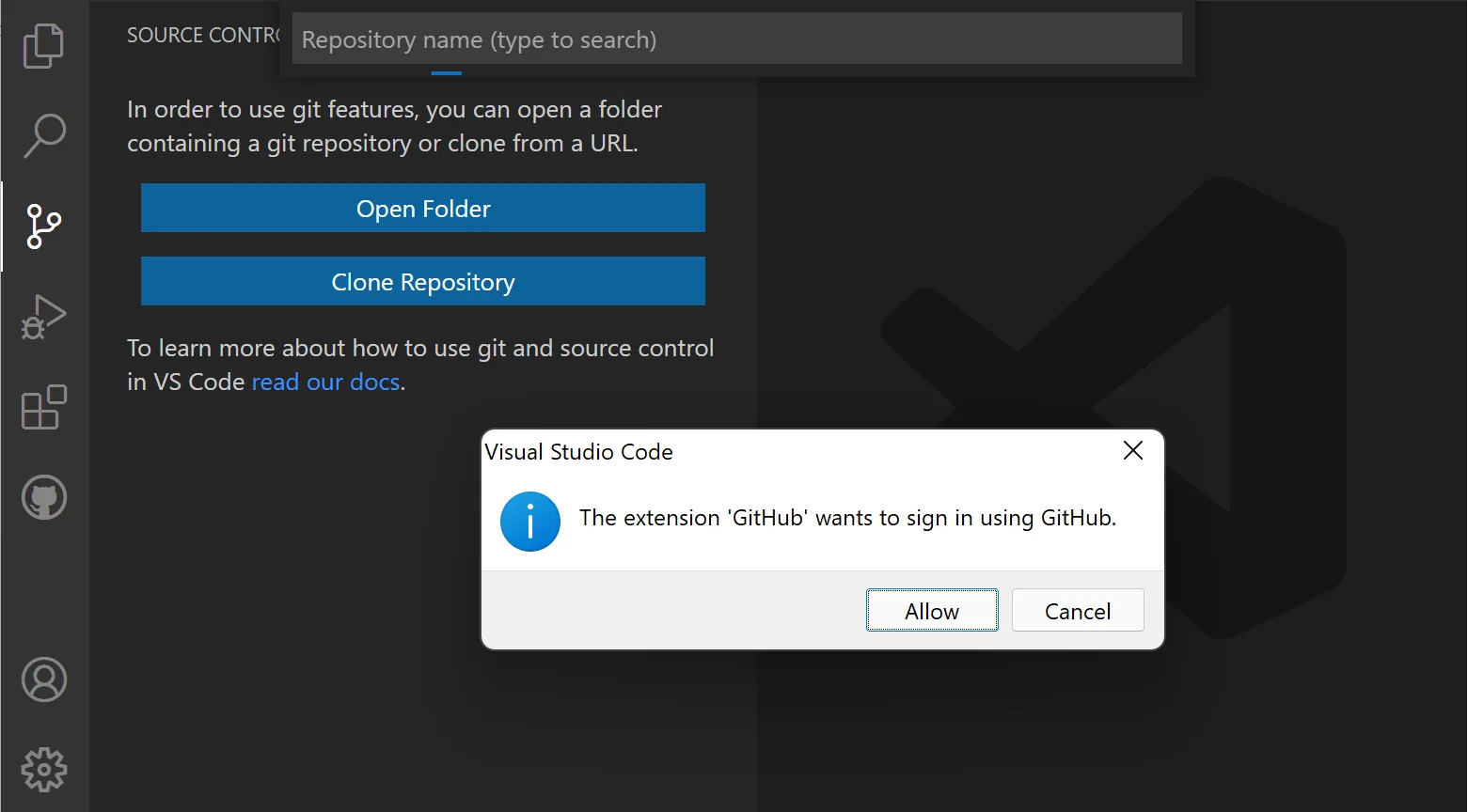 VS Code showing GitHub authentication prompt in the browser