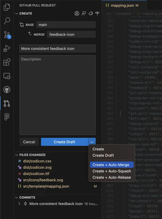 VS Code GitHub Pull Request creation view with title, description, and reviewer fields