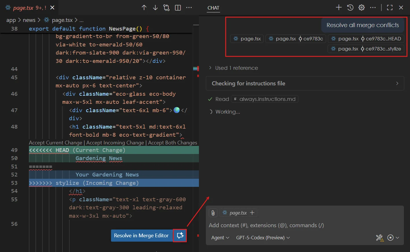 VS Code AI-powered merge conflict resolution with GitHub Copilot