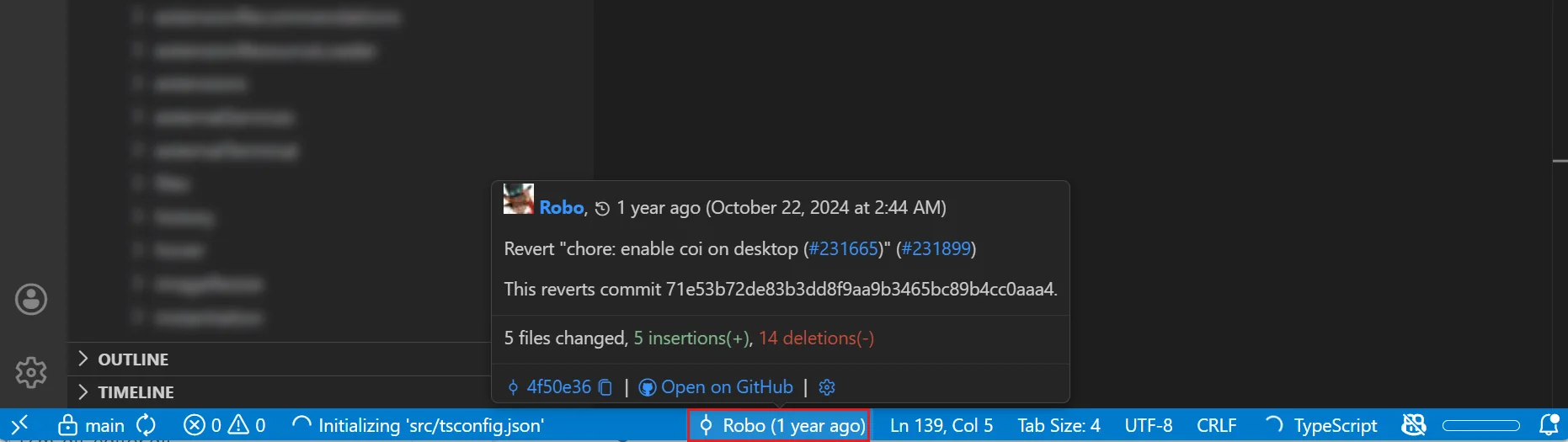 VS Code showing Git blame information in the status bar