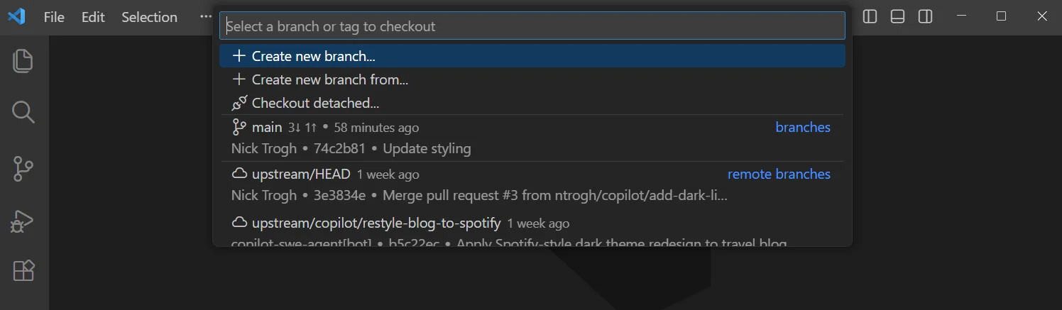 VS Code branch Quick Pick showing create new branch option and existing branches