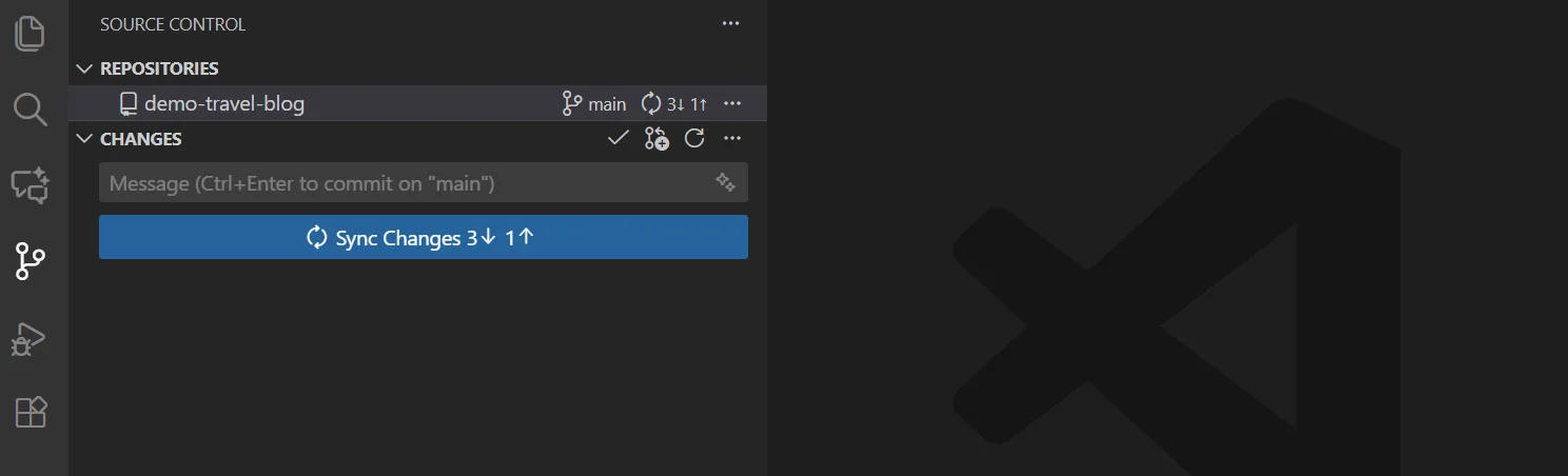 VS Code Source Control showing incoming and outgoing changes with commit counts