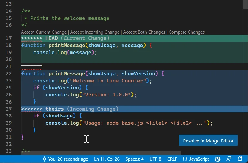 VS Code inline merge conflict view showing Accept Current, Accept Incoming, and Accept Both options