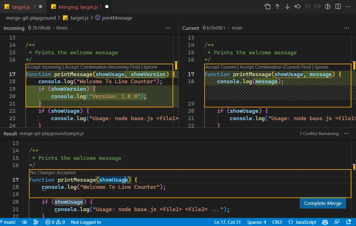VS Code 3-way Merge Editor with Incoming, Current, and Result panes