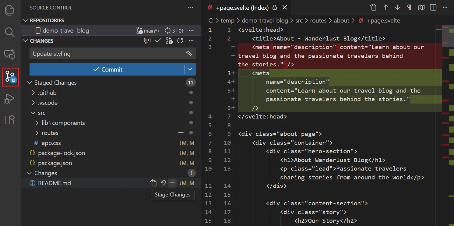 VS Code Source Control panel showing staged changes, commit message box, and commit button