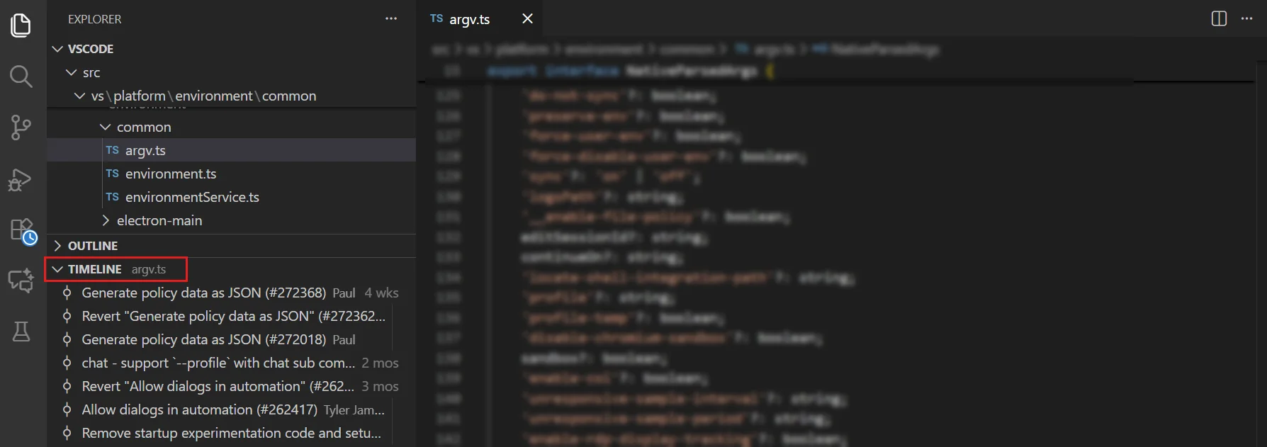 VS Code Timeline view in the Explorer sidebar showing file history