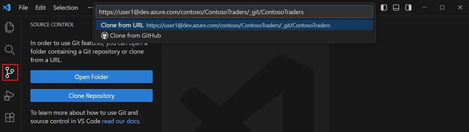VS Code Clone Repository dialog showing URL input field