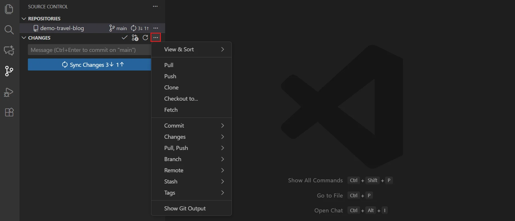 VS Code Source Control ellipsis menu showing Pull, Push, Commit, Stash, Branch, and other Git commands