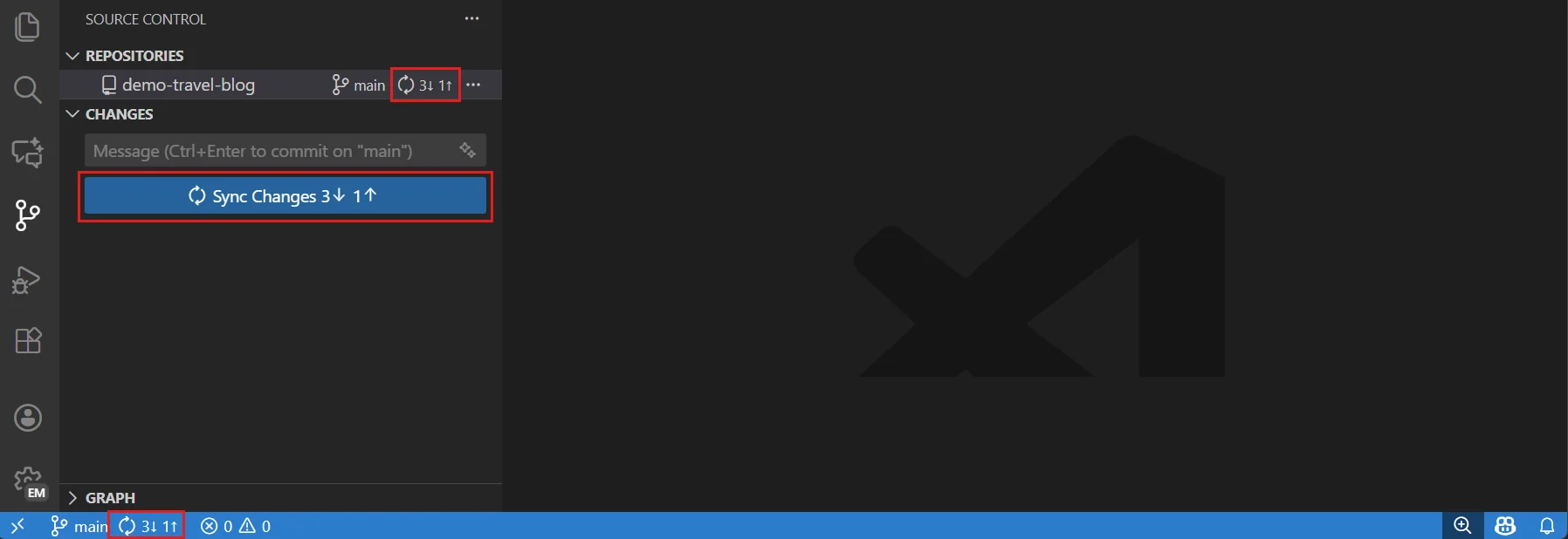 VS Code Source Control showing Sync Changes button with incoming and outgoing commit counts