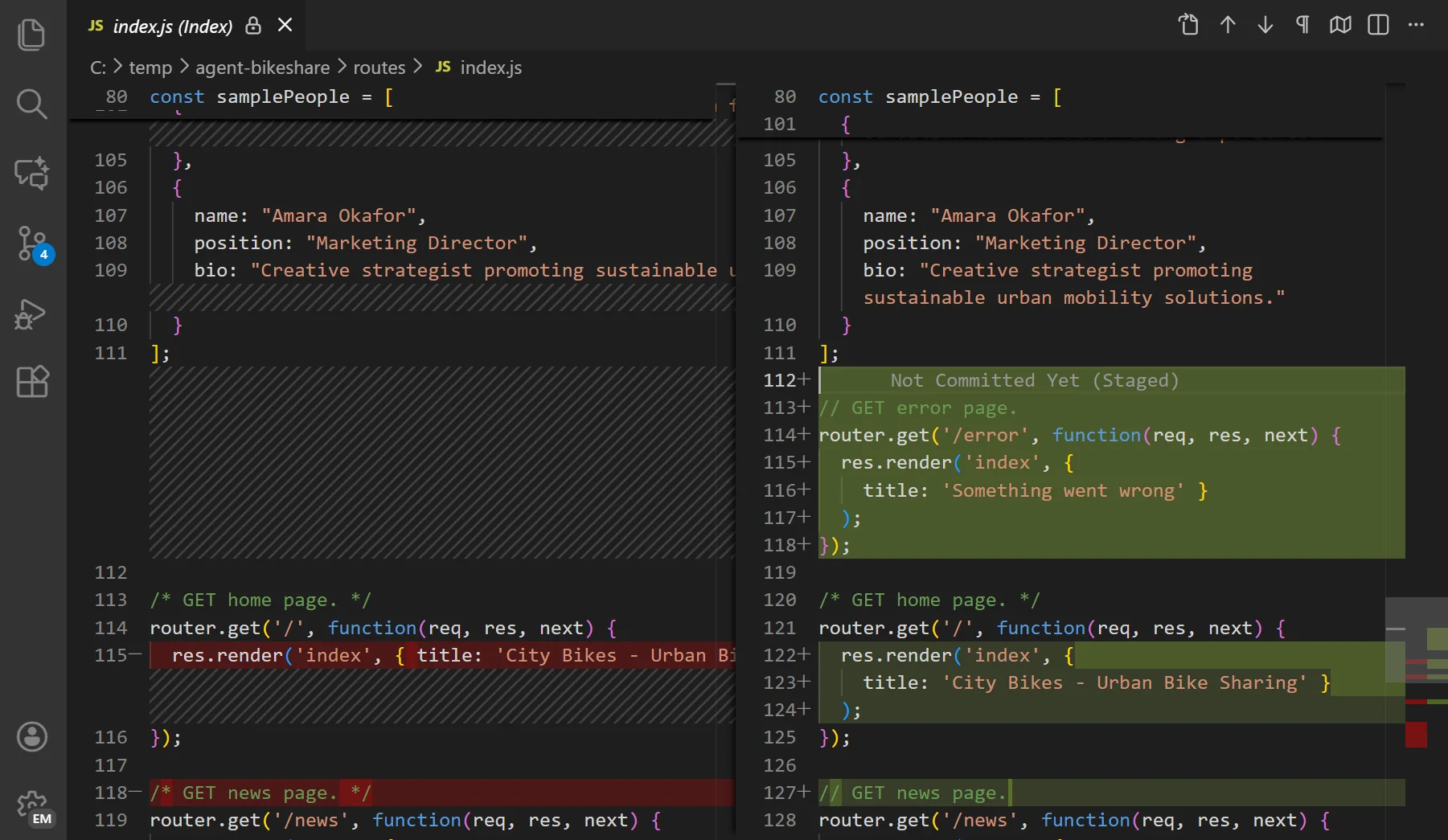 VS Code Diff Editor showing side-by-side comparison of old and new file versions