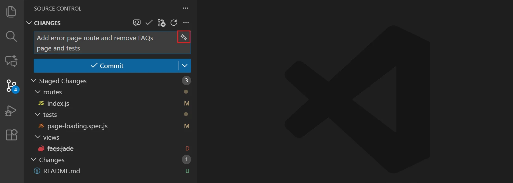 VS Code showing AI-generated commit message from staged changes