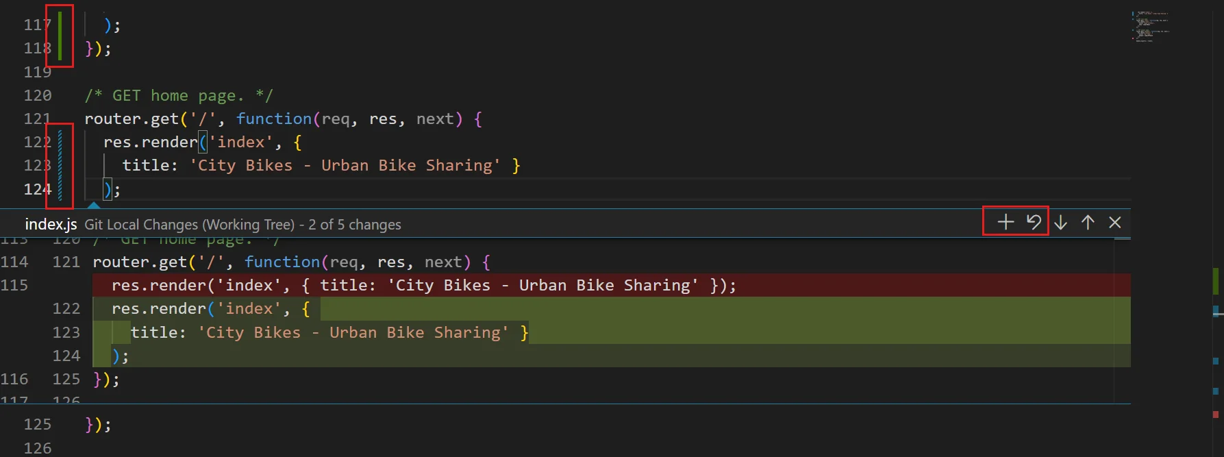 VS Code editor gutter showing colored indicators for added, modified, and deleted lines