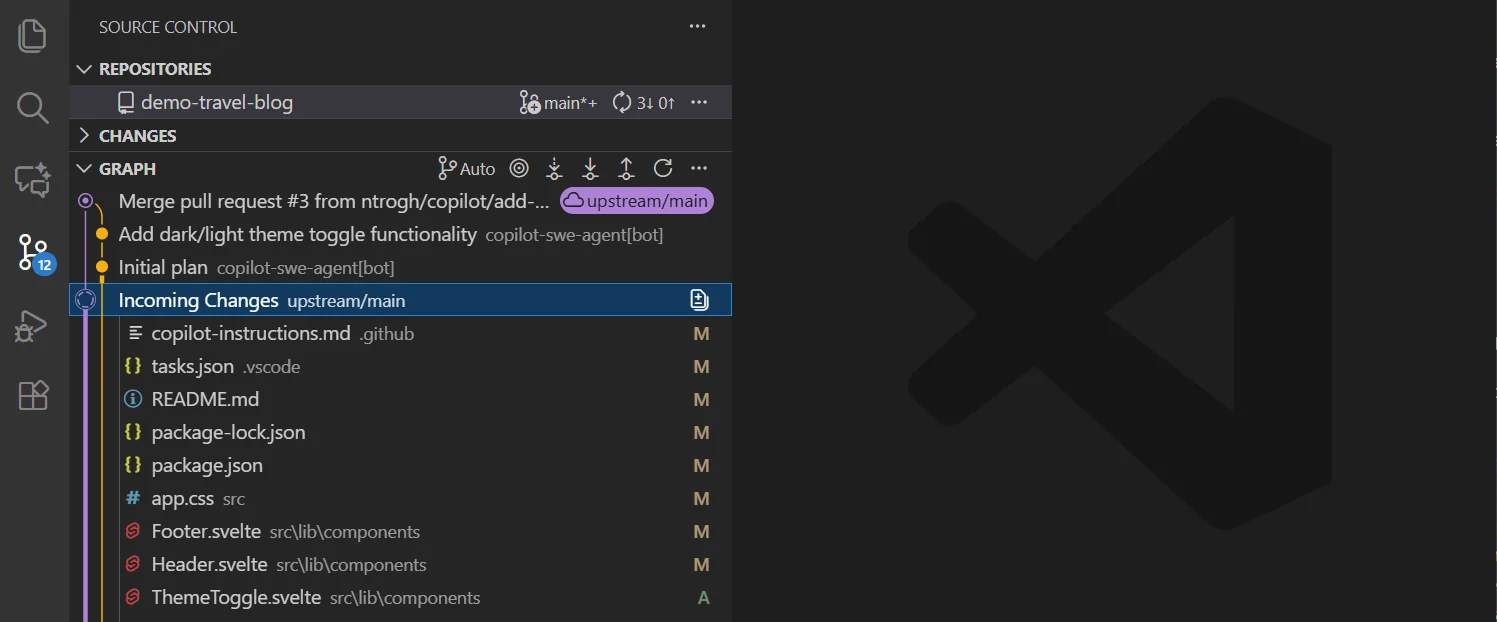 VS Code Source Control Graph showing commit history with branches