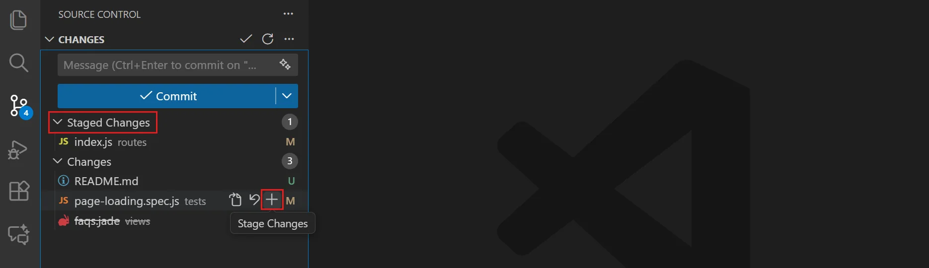 VS Code Source Control showing stage changes button on hover