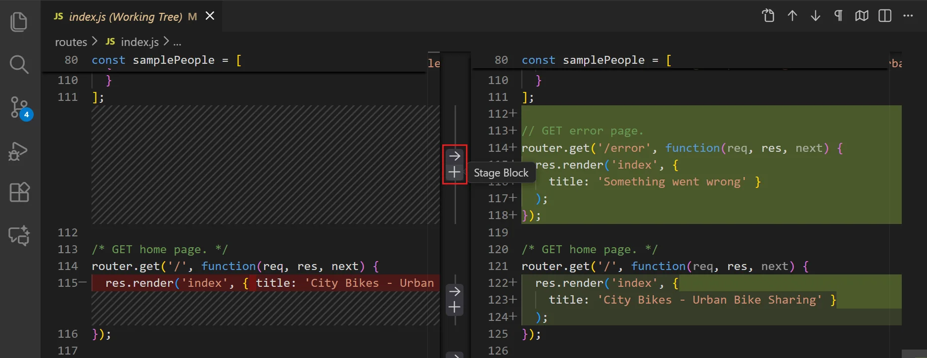 VS Code Diff Editor showing stage selected ranges option