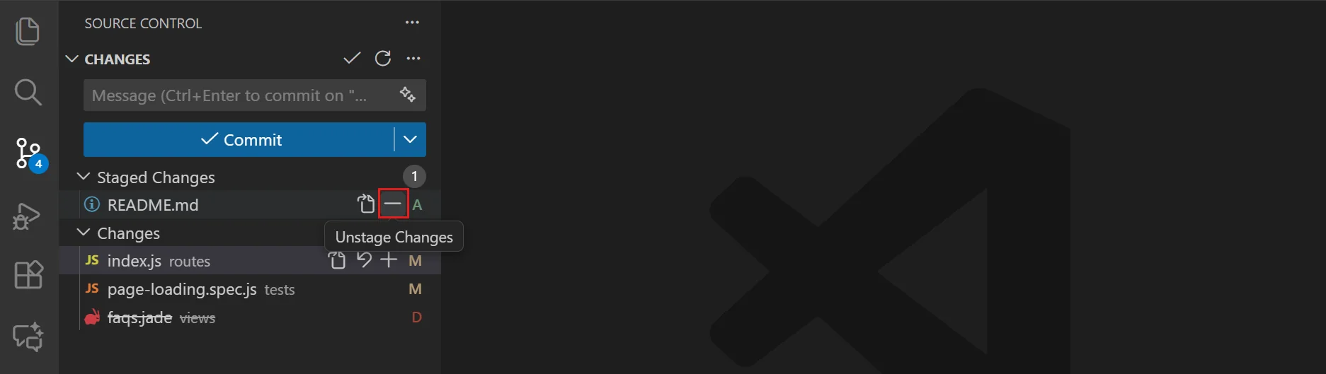 VS Code Source Control panel showing the unstage button (minus icon) on a staged file