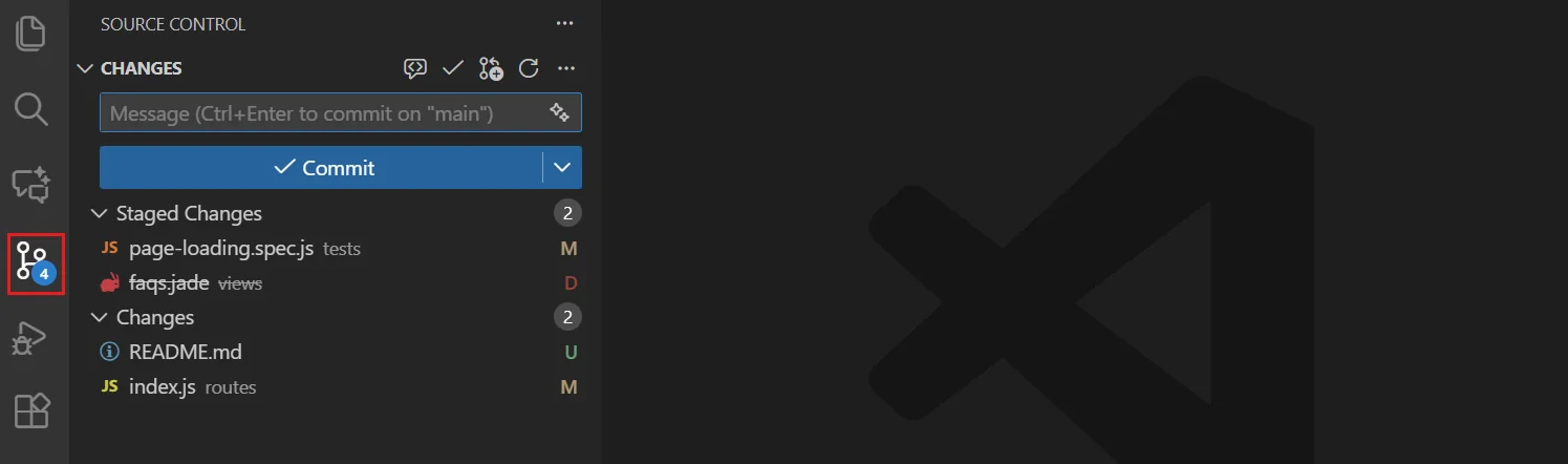 VS Code Source Control panel showing changed files with status badges