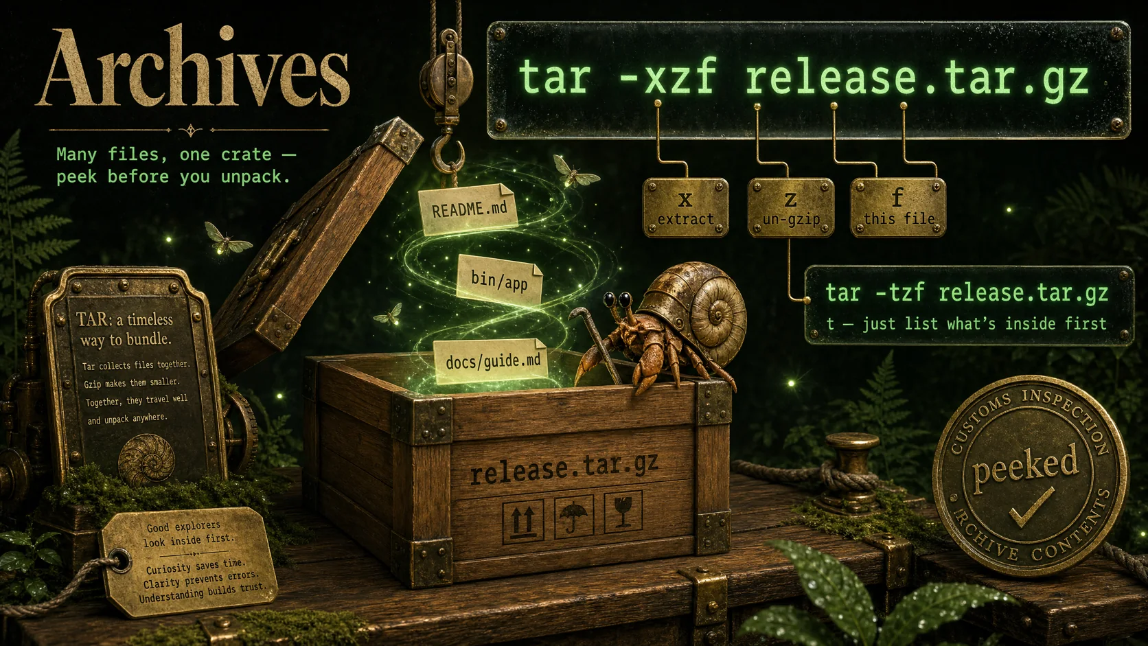 A wooden crate marked release.tar.gz with files spiralling out, and brass plates decoding x, z and f