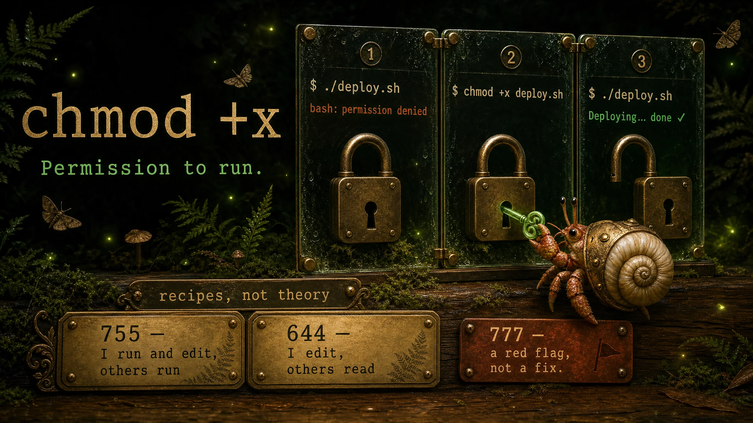 chmod — granting a script the execute permission it needs to run