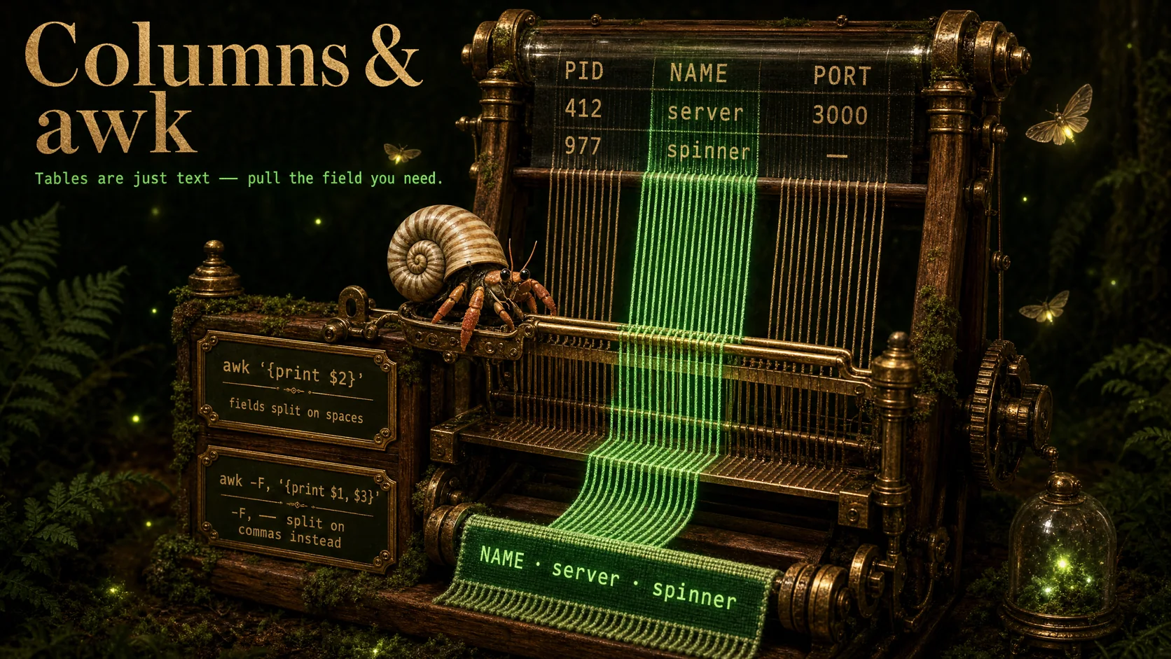 awk print-field-two — a loom pulling the second column of threads out of a glowing table