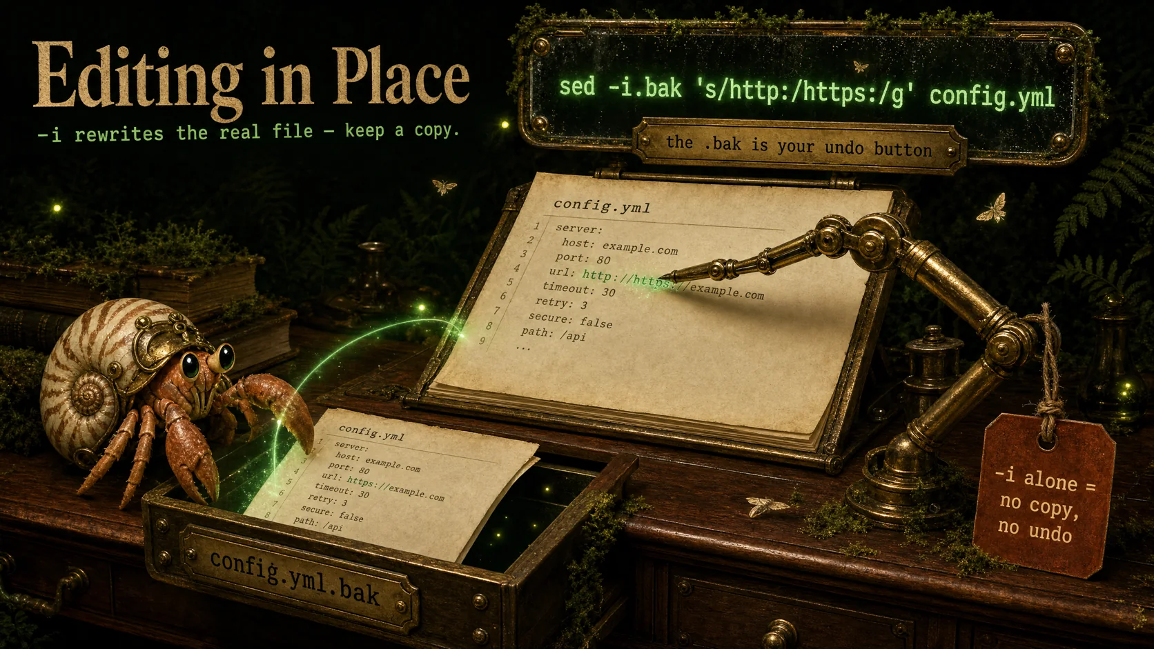 sed -i.bak rewriting config.yml while a copy slides into a drawer labeled .bak