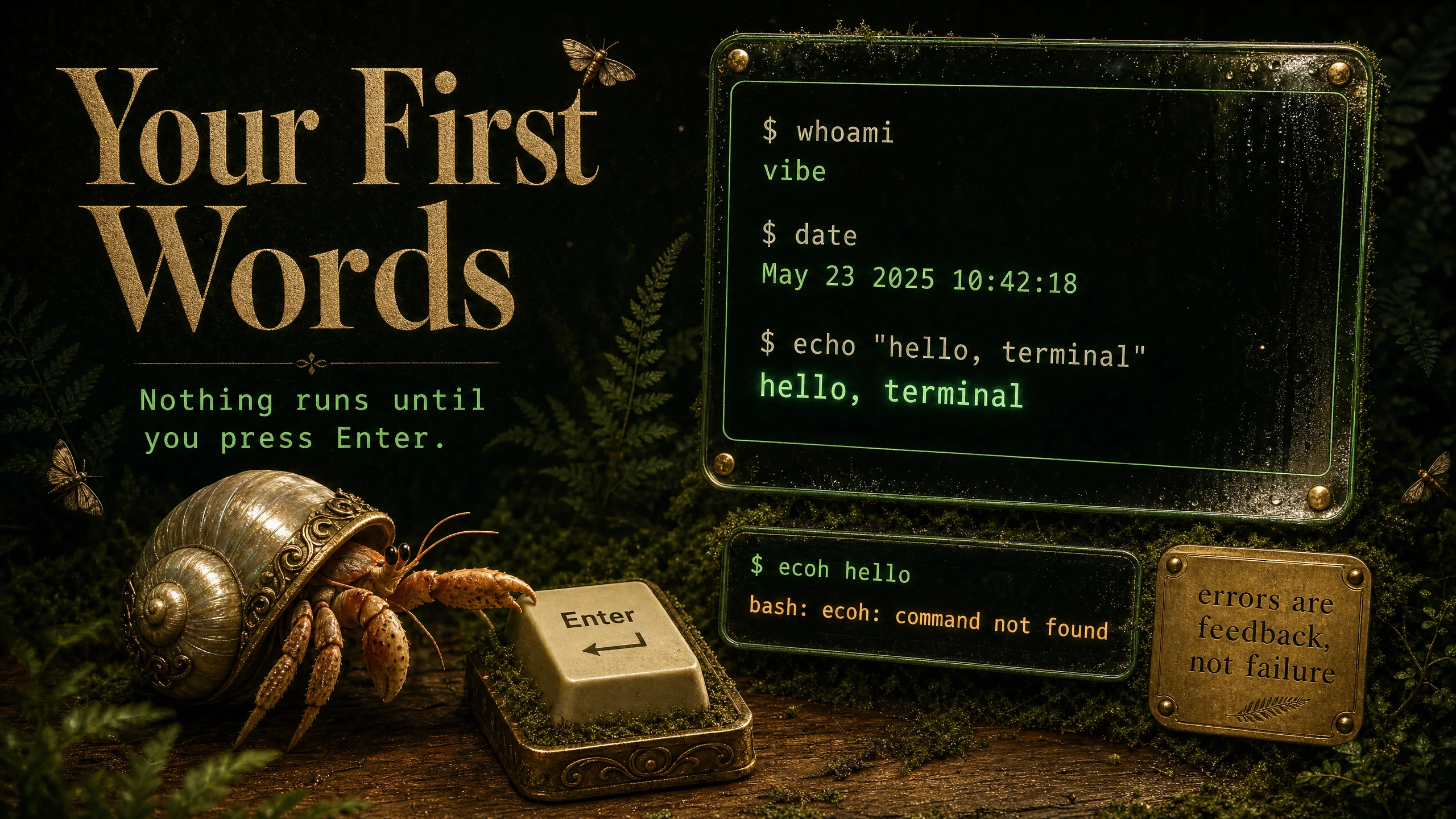 Your First Commands — the machine answers when you press Enter