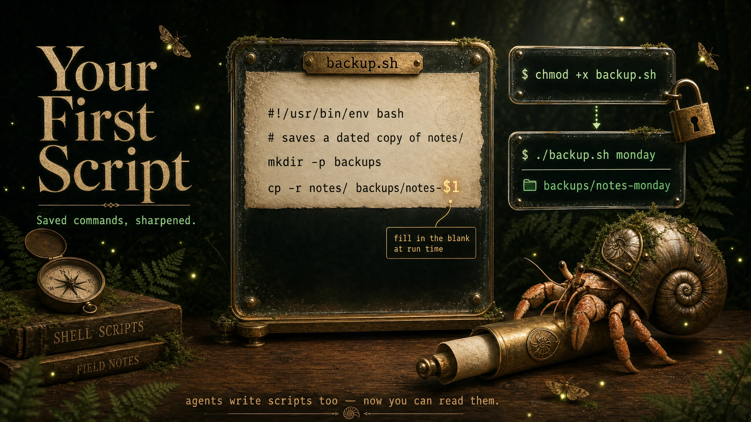 Your First Script — commands saved into a file, made executable, and run with ./