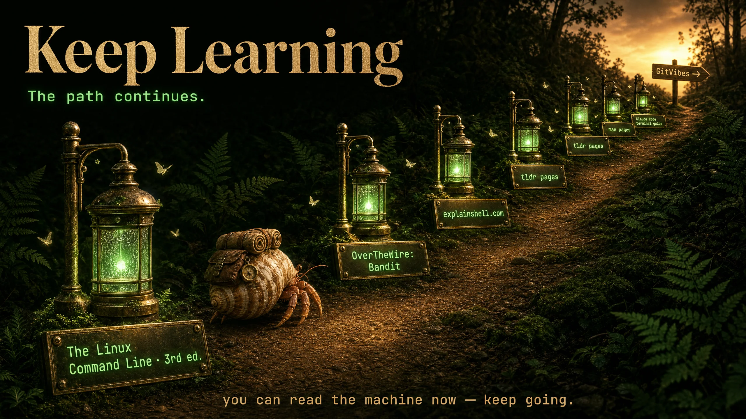 Keep learning — a forest path branching toward deeper command-line territory