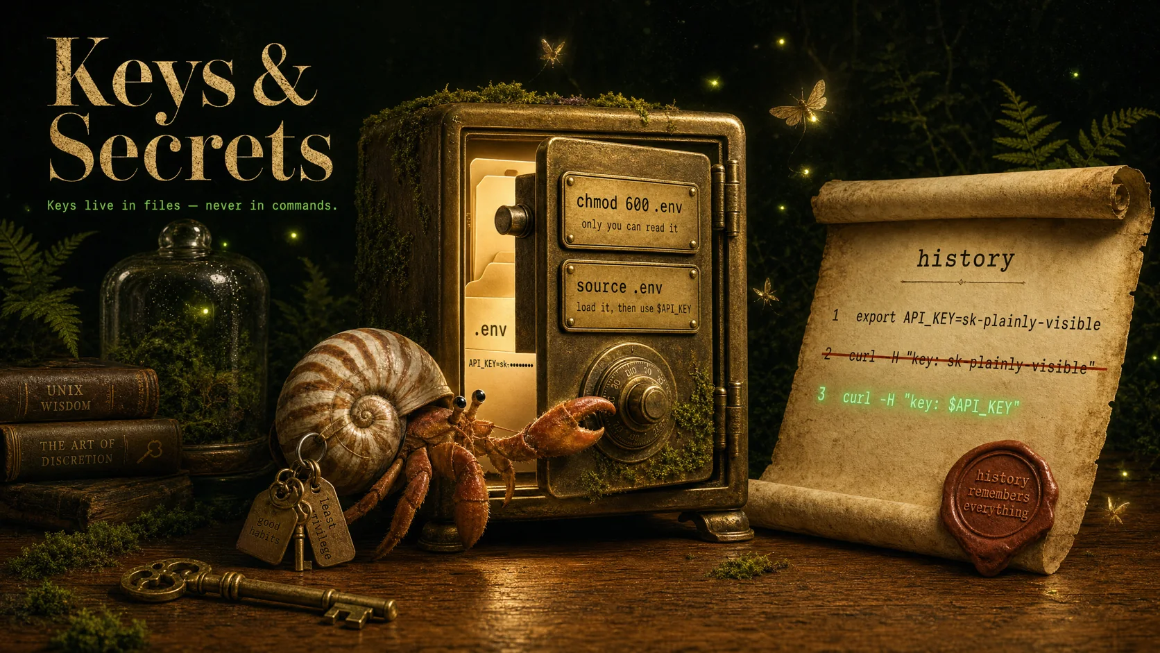 A brass safe holding a .env card, beside a history scroll where a plainly-typed key is struck out