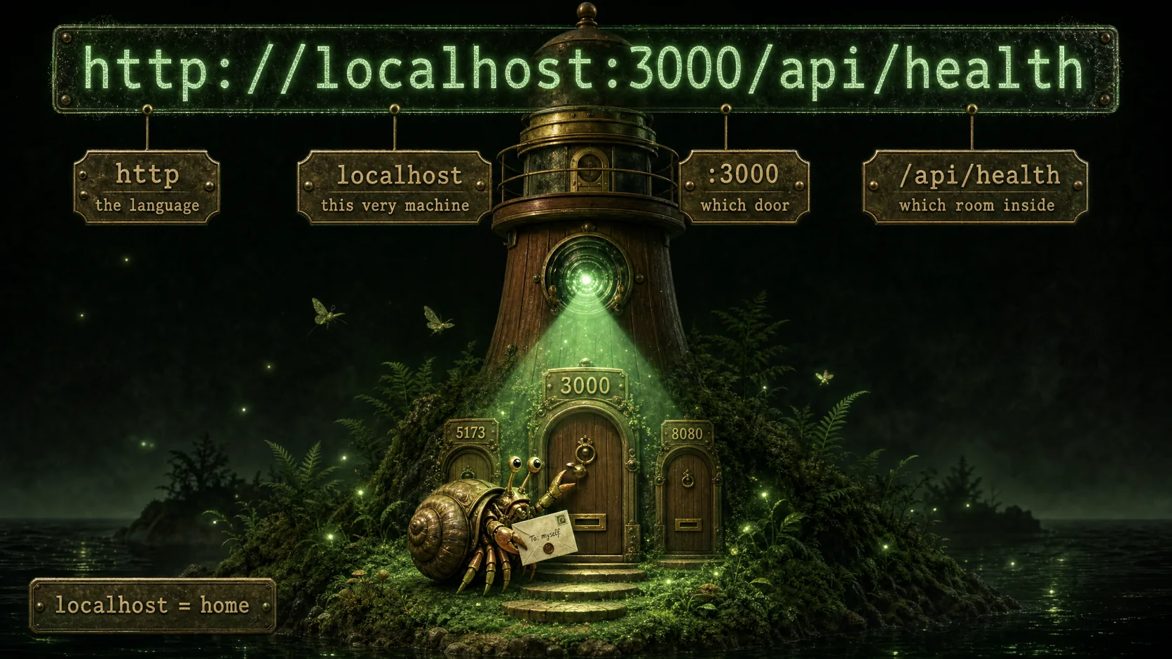 A lighthouse shining its lamp inward on its own island, doors numbered 3000, 5173 and 8080