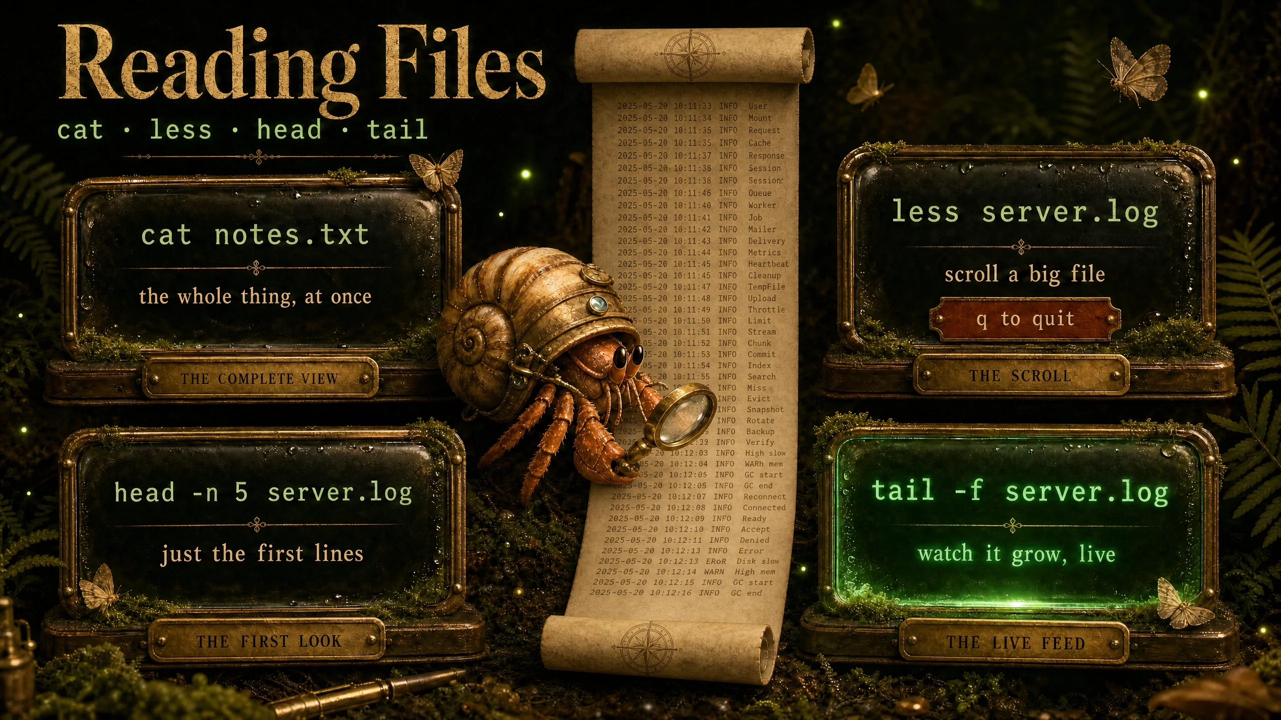 cat, less, head, tail — reading file contents in the terminal